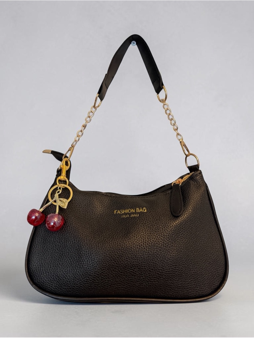 Fashion Bug Black Shoulder Bag with Gold Hardware and Cherry Charm